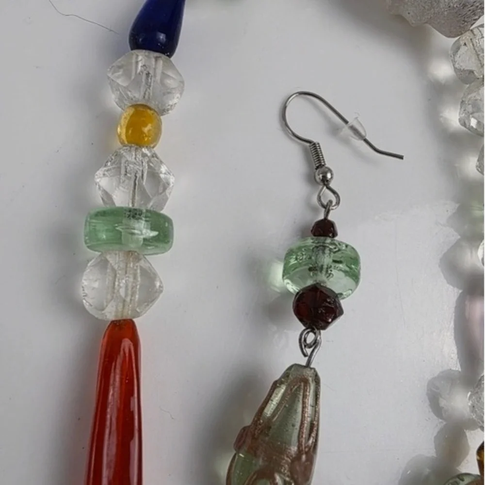 Handmade Beaded Necklace and Earrings Set Amber Bell Charm Colorful Glass Beads